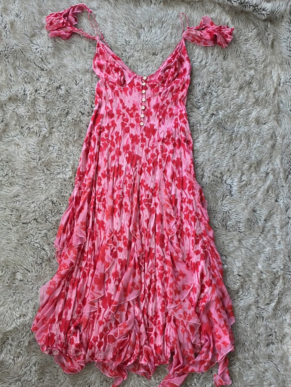 Free People Endless Cascades Maxi‎ Dress Off The Shoulder Pink And Red